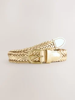 Next Hand Plaited Leather Belt Gold Tone Outlet