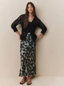 Next Satin Midi Skirt Green Animal Print Discount