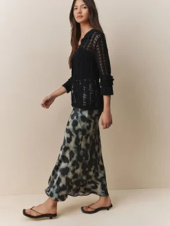 Next Satin Midi Skirt Green Animal Print Discount