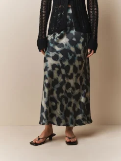 Next Satin Midi Skirt Green Animal Print Discount