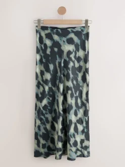 Next Satin Midi Skirt Green Animal Print Discount