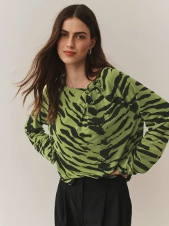 Next Twist Neck Long Sleeve Blouse Green Animal Print Outlet