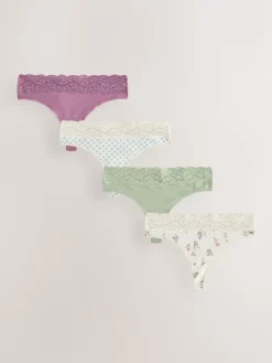 Next Green Ditsy Floral Thong Cotton Lace Knickers 4 Pack Sale