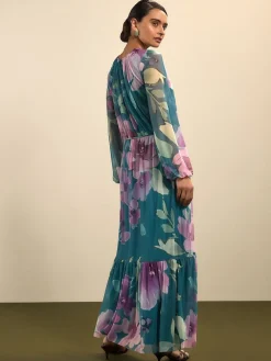 Next Green Floral Long Sleeve Mesh Maxi Dress Sale