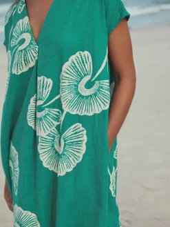 Next Mini Short Sleeve V-Neck Kaftan Dress with Linen Green Floral Outlet