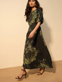 Next Print Puff Sleeve Midi Dress Green Floral Outlet