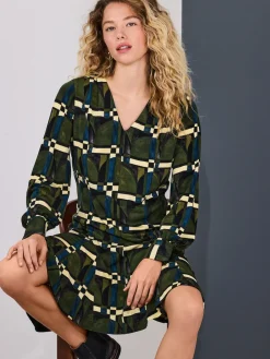 Next Long Sleeve A-Line Mini Dress Green Geo Print Online