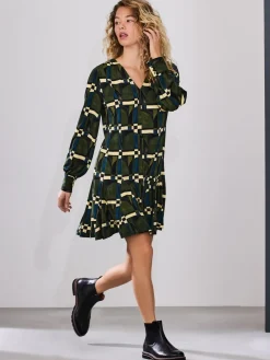 Next Long Sleeve A-Line Mini Dress Green Geo Print Online