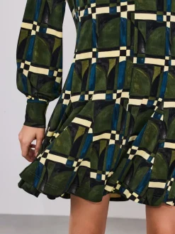 Next Long Sleeve A-Line Mini Dress Green Geo Print Online