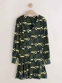 Next Long Sleeve A-Line Mini Dress Green Geo Print Online