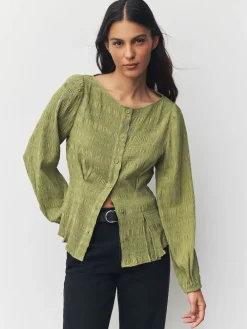 Next Long Sleeve Boatneck Textured Button-Front Blouse Green Discount