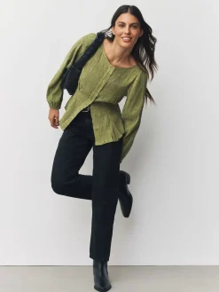 Next Long Sleeve Boatneck Textured Button-Front Blouse Green Discount