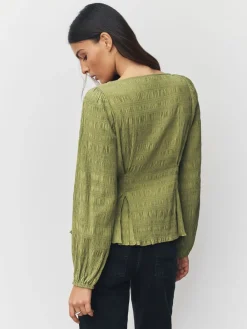 Next Long Sleeve Boatneck Textured Button-Front Blouse Green Discount