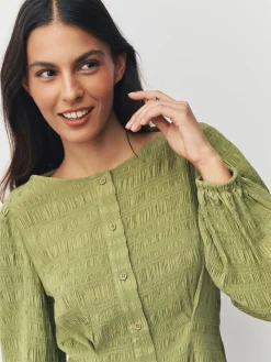 Next Long Sleeve Boatneck Textured Button-Front Blouse Green Discount