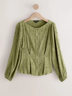 Next Long Sleeve Boatneck Textured Button-Front Blouse Green Discount