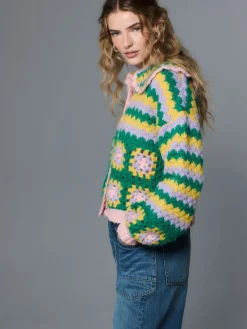 Next Green Multi Patch Hand Crochet Collar Cardigan New