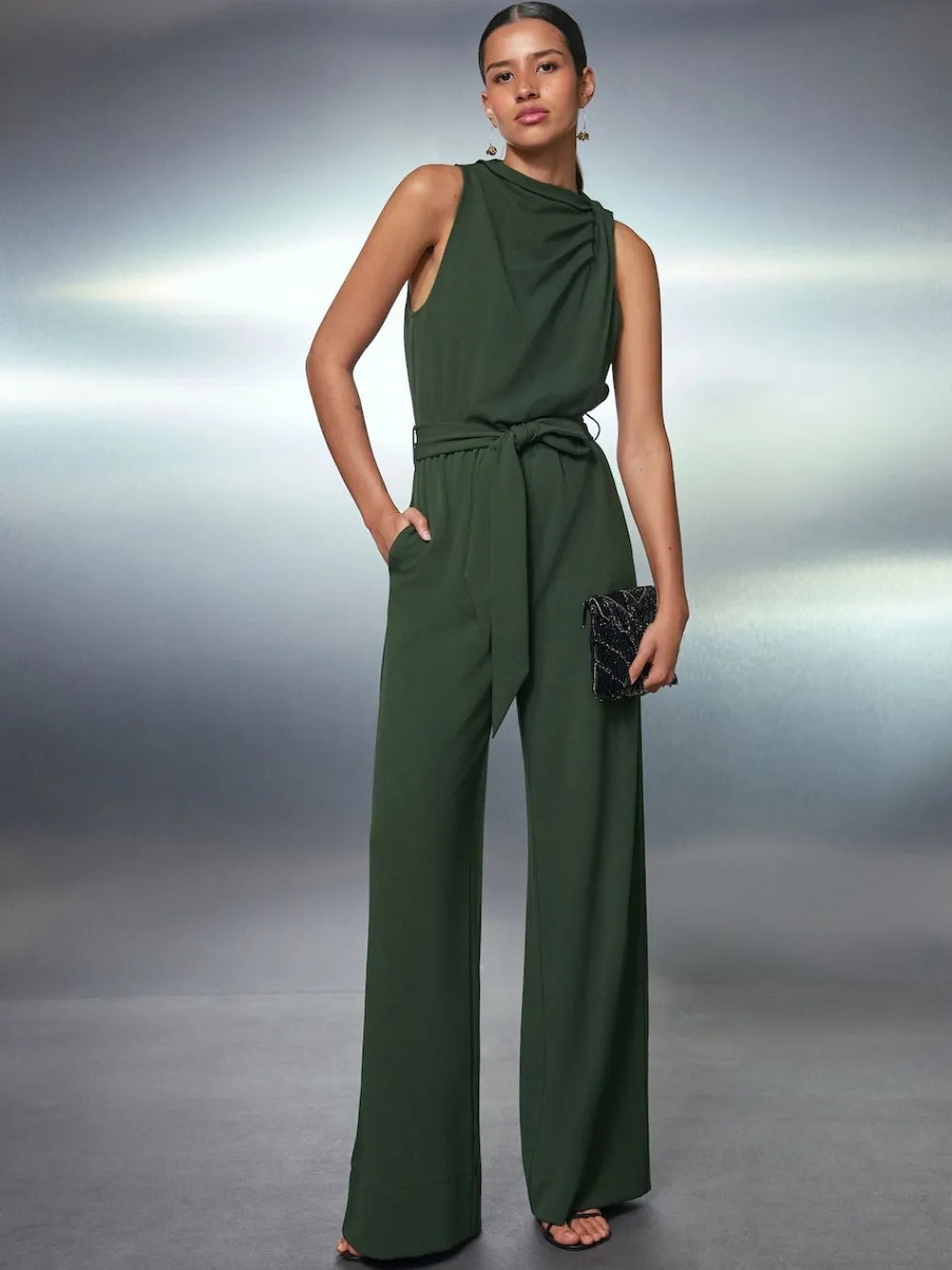 Next Occasion Cowl Neck Sleeveless Jersey Jumpsuit Green Hot