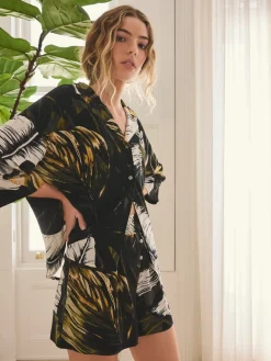 Next Button Through Short Pyjamas Set Green Palm Hot