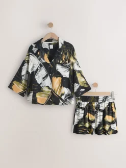 Next Button Through Short Pyjamas Set Green Palm Hot