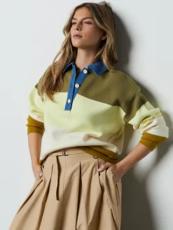 Next Cosy Soft Touch Long Sleeve Polo Neck Jumper Top Green Stripe Denim Collar Clearance