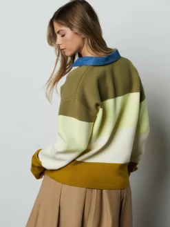 Next Cosy Soft Touch Long Sleeve Polo Neck Jumper Top Green Stripe Denim Collar Clearance