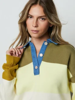Next Cosy Soft Touch Long Sleeve Polo Neck Jumper Top Green Stripe Denim Collar Clearance
