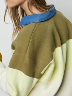 Next Cosy Soft Touch Long Sleeve Polo Neck Jumper Top Green Stripe Denim Collar Clearance