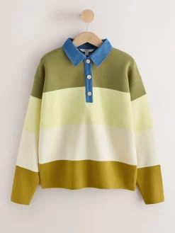 Next Cosy Soft Touch Long Sleeve Polo Neck Jumper Top Green Stripe Denim Collar Clearance