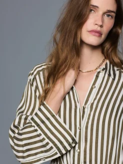 Next Tie Waist Long Sleeve Midi Shirt Dress Green Stripe Sale