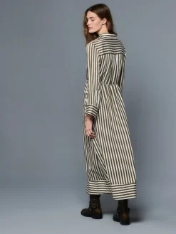 Next Tie Waist Long Sleeve Midi Shirt Dress Green Stripe Sale