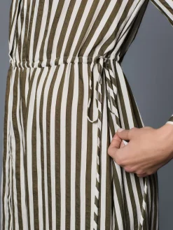 Next Tie Waist Long Sleeve Midi Shirt Dress Green Stripe Sale