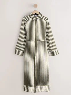 Next Tie Waist Long Sleeve Midi Shirt Dress Green Stripe Sale