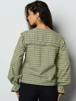 Next Oversized Collar Long Sleeve Blouse Green/Black Check Clearance