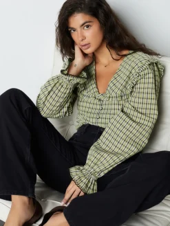 Next Oversized Collar Long Sleeve Blouse Green/Black Check Clearance