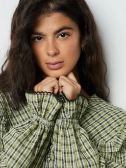 Next Oversized Collar Long Sleeve Blouse Green/Black Check Clearance