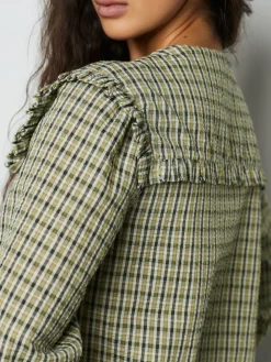 Next Oversized Collar Long Sleeve Blouse Green/Black Check Clearance