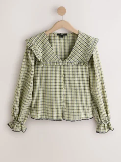 Next Oversized Collar Long Sleeve Blouse Green/Black Check Clearance