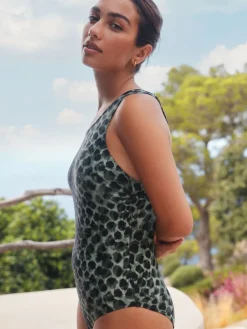 Next High Neck Period Swimsuit Green/Black Leopard Print New