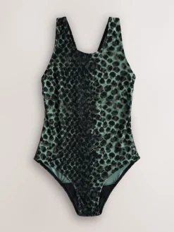 Next High Neck Period Swimsuit Green/Black Leopard Print New