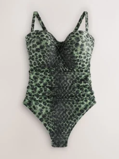 Next F-K Ultimate Support Tummy Control Wired Bandeau Swimsuit Green/Black Leopard Print