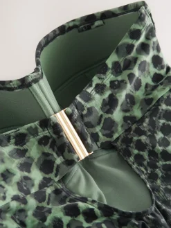 Next F-K Ultimate Support Tummy Control Wired Bandeau Swimsuit Green/Black Leopard Print