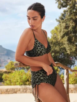 Next High Waist Ruched Bikini Bottoms Green/Black Leopard Print Discount
