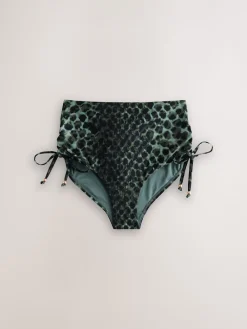 Next High Waist Ruched Bikini Bottoms Green/Black Leopard Print Discount
