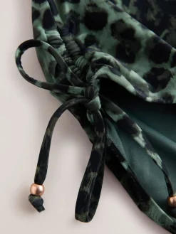 Next High Waist Ruched Bikini Bottoms Green/Black Leopard Print Discount