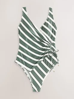 Next Green/Cream Stripe Ruched Side Tummy Shaping Control Swimsuit Sale