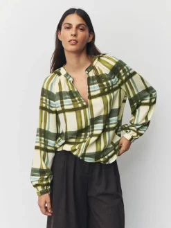Next Green/Ecru Check Long Sleeve V-Neck Blouse