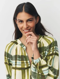 Next Green/Ecru Check Long Sleeve V-Neck Blouse