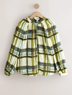 Next Green/Ecru Check Long Sleeve V-Neck Blouse