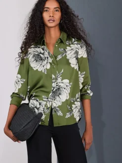 Next Long Sleeve Shirt Green/Ecru Floral Print Clearance