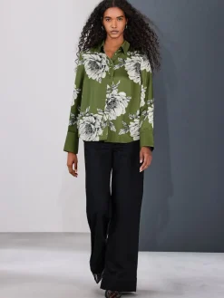 Next Long Sleeve Shirt Green/Ecru Floral Print Clearance